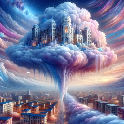 The primary subject of the image is a large, colorful, and whimsical castle floating in the sky. The setting is a cloudy, blue sky, and the visual style is a digital art or illustration. The colors and mood of the image are vibrant and lively, with a sense of wonder and fantasy.